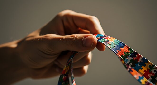 Hand holding a colorful autism awareness puzzle piece lanyard