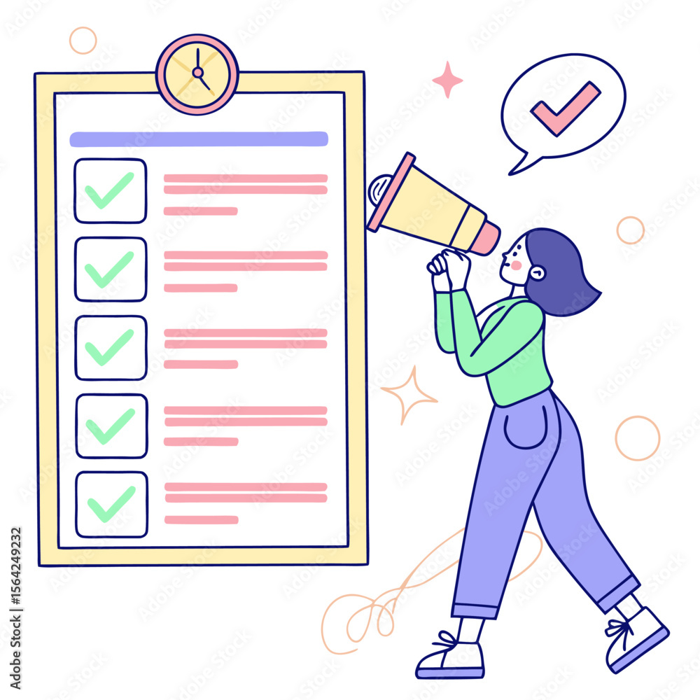 Poster woman with megaphone announcing tasks completed on checklist with clock and speech bubble icon