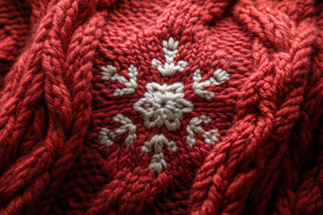 Red knitted blanket with white snowfleck.