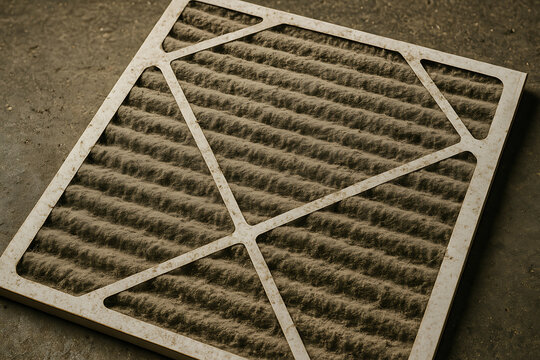furnace, filter, air. A square air filter with a dusty surface and a metal frame, resting on a rough concrete floor.