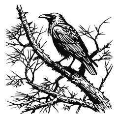 Raven perched on thorny branch crow bird