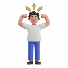 Success & Motivation: cartoon man, flexing muscles, golden arrows, white background, success, motivation, achievement, power, strength, confidence, goal, victory, business growth