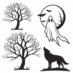 Spooky forest scene with ghost wolf and bats halloween