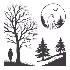 Spooky forest scene with cloaked figure and bat trees