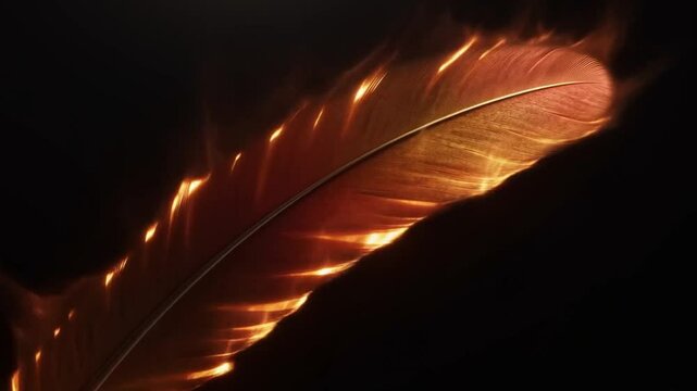Phoenix Flame Feathers: Tail feathers of a phoenix ignite softly in flame, flickering with magical fire in a black void.
