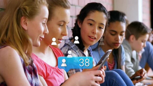 Girls watching phone social media count graphic starting at 8 rising to 95 celebrating reach - Powered by Adobe