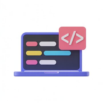 Isometric laptop coding icon, colorful code editor screen on blue notebook computer, 3D web development illustration