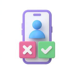 Fototapeta premium Stylized Phone Render: 3D phone with user icon, accept/reject buttons, bright colors, flat design, modern style, communication, call interface, digital, user-friendly.