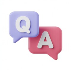 Q&A Bubbles: Two speech bubbles, light purple with white Q and pink with white A, representing questions and answers in a simple, visually appealing digital format.
