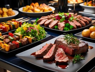 Delicious gourmet buffet catering table with sliced medium rare steak, grilled vegetable skewers, roasted potatoes, and fresh salad served in elegant black plates at luxury event

