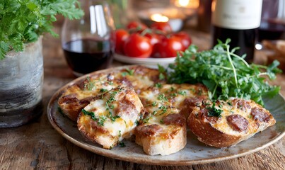 A rustic wooden table with a ceramic plate arranged with homemade mini pizzas on sliced French bread, Generative AI
