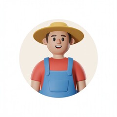 Cartoon farmer smiling, wearing overalls and hat, inside circle, white background, rural, agriculture, friendly, happy, outdoors, farmer icon, simple, clean design