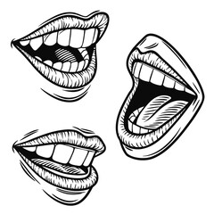 Black ink mouths with teeth and shading lips open mouth