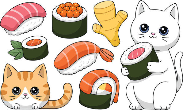 Cute cartoon sushi and cats illustration for japanese food lovers and kawaii art enthusiasts design element