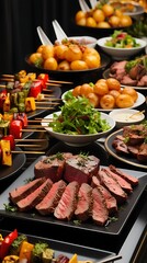 Delicious gourmet buffet catering table with sliced medium rare steak, grilled vegetable skewers, roasted potatoes, and fresh salad served in elegant black plates at luxury event

