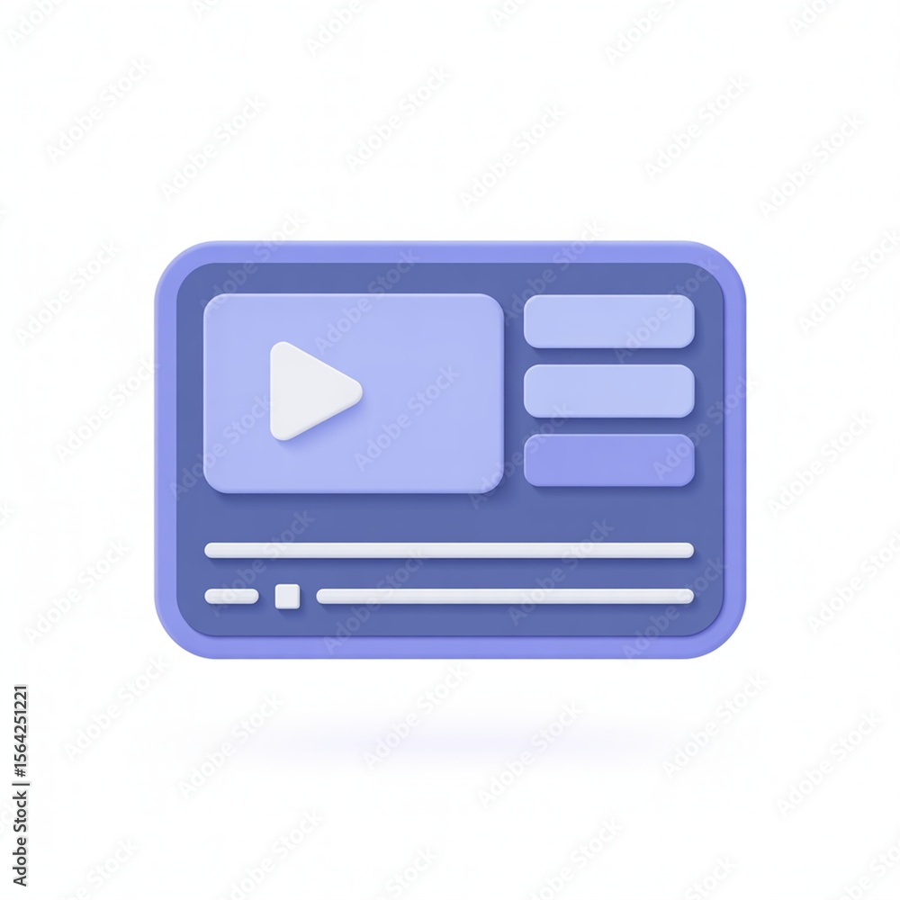 Poster purple video player interface with play button and timeline, white background, web design, app ui, m