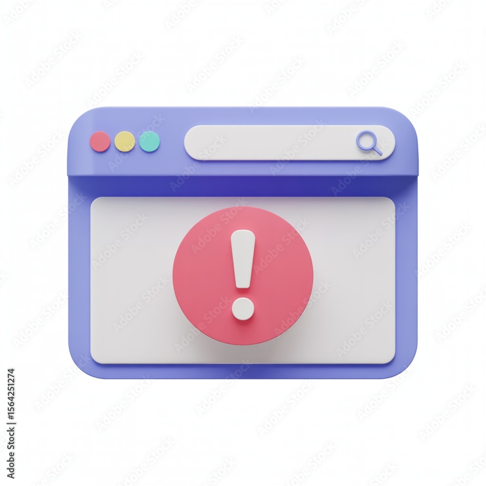 Poster browser window with error message and red exclamation point, pastel colors, warning alert, internet 