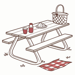 Picnic table with basket and food drink blanket