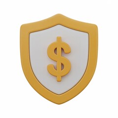 Yellow dollar sign on white shield with yellow border, white background, finance icon, currency symbol, investment, security, money protection, clean style