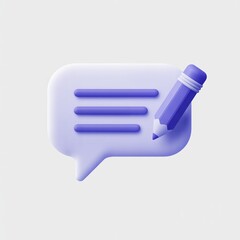 Message bubble with horizontal lines and pencil, light gray backdrop, chat, digital communication, comment icon, feedback, minimalist cartoon illustration