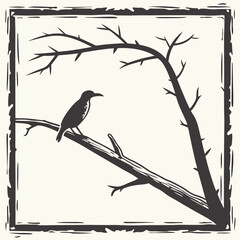 Bird perched on branch within rough frame tree nature