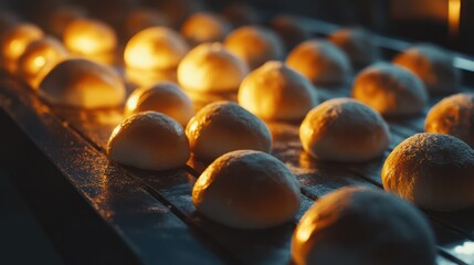 Golden Baked Breads on a Conveyor Belt