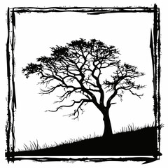 Black tree silhouette on grassy hill within grunge frame