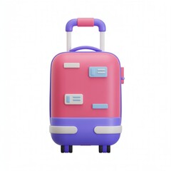 Pink and purple cartoon suitcase with handle and wheels, isolated on white, travel, vacation, luggage, holiday, packing, tourism, modern illustration, fun, simple, clean background.