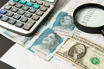 Colombian pesos, us dollar banknotes, calculator and magnifying glass lying on financial statement,...