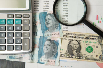 Colombian pesos banknotes, one dollar bill, calculator, magnifying glass and financial chart...