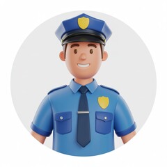 Cartoon policeman avatar in blue uniform with tie and hat, white circular background, law enforcement, police, security, officer, digital illustration, public safety, authority, clean design.