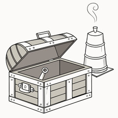 Open treasure chest with smoking pot steam antique