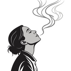 Woman exhaling smoke stylized black and white