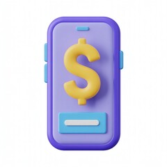 Rendered purple smartphone with yellow dollar sign and blue-white button, financial app UI concept, digital payment, fintech, mobile banking, minimalist design.