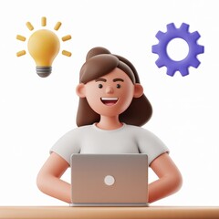 Cartoon woman at laptop, with lightbulb and gear icons, smiling, white background, productivity, innovation, idea, working, tech, modern workplace.