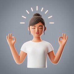 Cartoon woman meditating with eyes closed and mudra pose, soft glow on gray background, peace, calm, mindfulness, wellness, spiritual, relaxation.