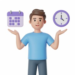 Cartoon man balancing purple calendar and clock in hands, blue shirt and grey pants, white background, time management, multitasking, 3D render.