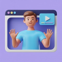 3D render of cartoon man in browser window with video play button, purple background, digital presentation, avatar, online video, content creation.