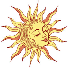 Sun face with wavy rays celestial yellow