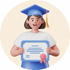 Cartoon graduate girl in cap and gown holding diploma and smiling, circular background, education, celebration, academic achievement, joyful character render.