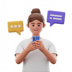 Cheerful cartoon woman holding blue smartphone, surrounded by yellow and purple speech bubbles, clean white background, chatting, texting, digital connection.