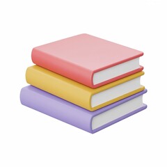 Stack of three colorful books (pink, yellow, purple) on white background, simple and bright educational render, knowledge, reading, minimal library icon.