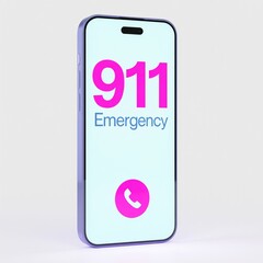 Smartphone displaying emergency number with pink call button on light background, alert visual, urgent communication, safety, emergency contact render.