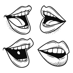 Expressive mouths open wide showing teeth and tongue