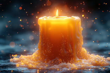 Candle surrounded by water with sparks.