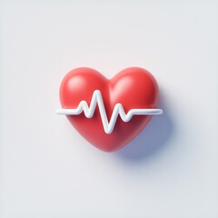 Minimal red heart with white heartbeat line on white background, symbolizing health, medical care,...