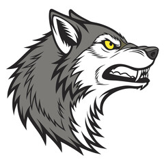 Fierce gray wolf snarling with yellow eyes animal head
