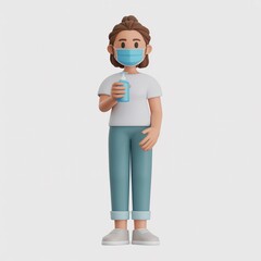 Cartoon woman in mask holding hand sanitizer, wearing white shirt and blue pants, on white background, symbolizing health safety.