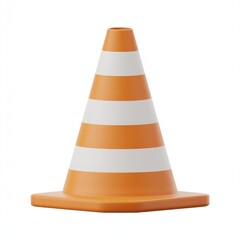 Traffic cone with orange and white stripes, standing alone on white background, symbolizing caution, safety, or roadwork.