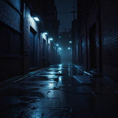 Moody Night Alleyway Dark Urban Scene, Atmospheric Backstreet, Night Photography
